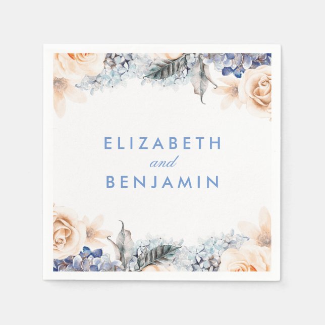 Dusty Blue and Soft Peach Floral Wedding Napkins (Front)