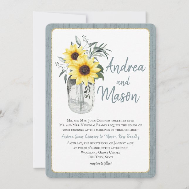 Dusty Blue and Sunflower Jar Rustic Wedding Invitation (Front)