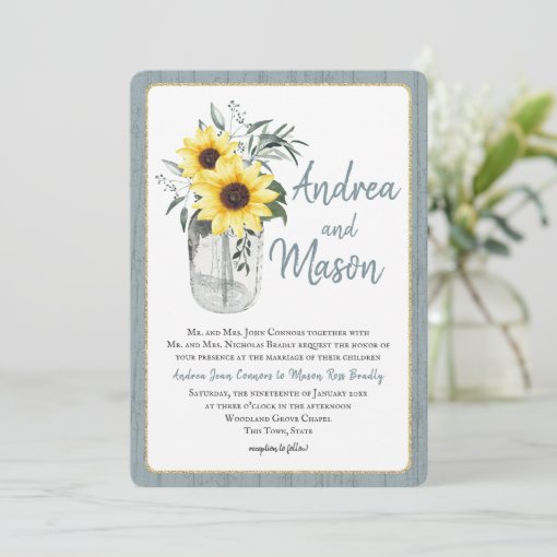 Dusty Blue And Sunflower Jar Rustic Wedding Invitation Zazzle