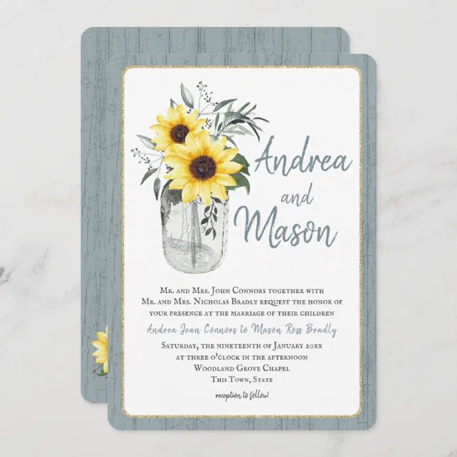 Dusty Blue and Sunflower Jar Rustic Wedding Invitation | Zazzle