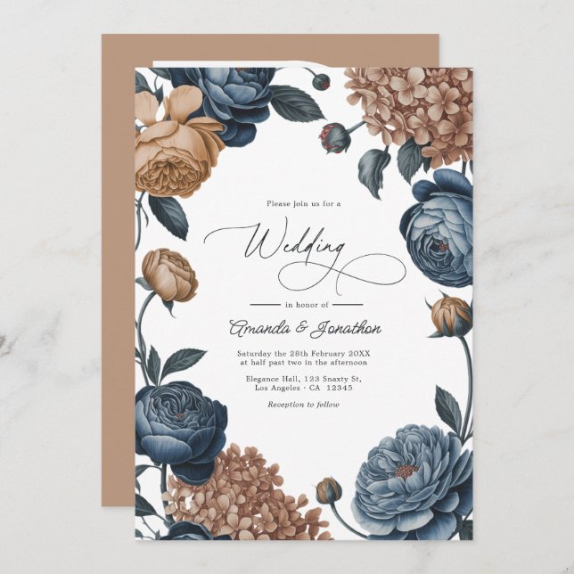 Dusty Blue and Taupe Watercolor Floral Wedding Invitation (Front/Back)