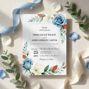 Dusty Blue and Terracotta Floral Wedding Invitation