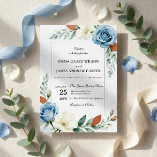 Dusty Blue and Terracotta Floral Wedding Invitation