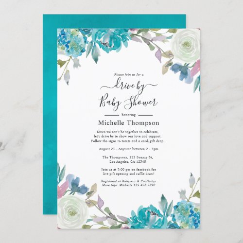 Dusty Blue and Turquoise Floral Drive By Shower Invitation