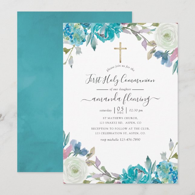 Dusty Blue and Turquoise Floral Holy Communion Invitation (Front/Back)