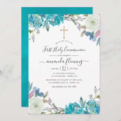 Dusty Blue and Turquoise Floral Holy Communion Invitation