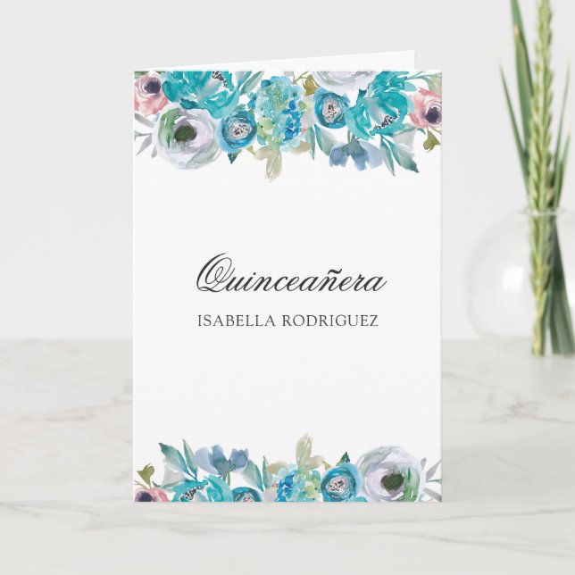 Dusty Blue and Turquoise Floral Quinceañera Invitation (Front)