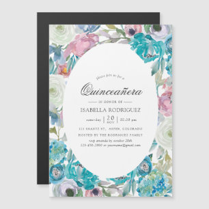 Dusty Blue and Turquoise Floral Quinceañera Magnetic Invitation