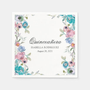 Dusty Blue and Turquoise Floral Quinceañera Napkins