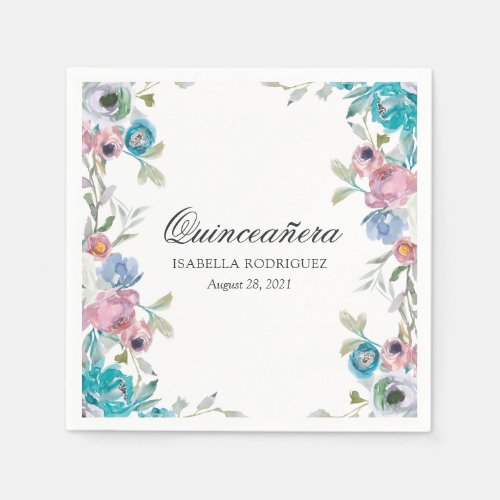 Dusty Blue and Turquoise Floral Quinceaera Napkins