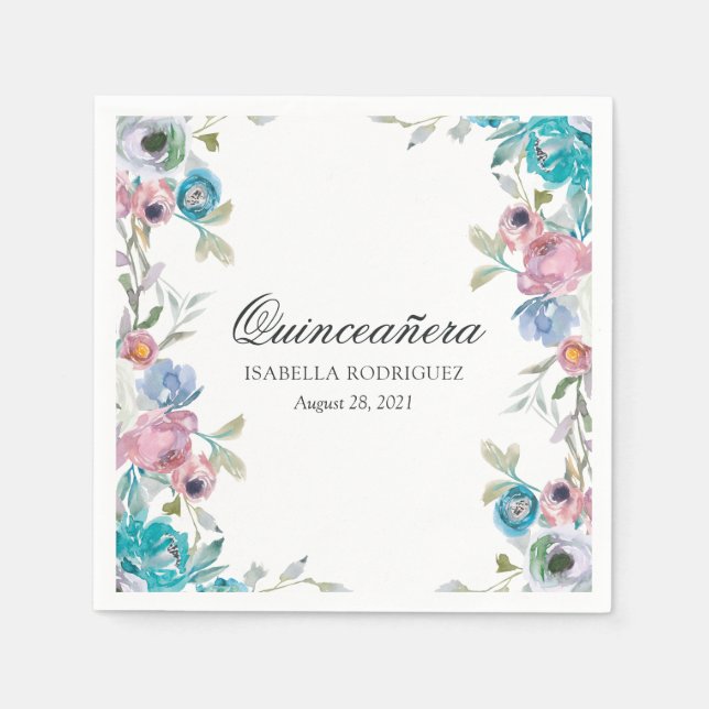 Dusty Blue and Turquoise Floral Quinceañera Napkins (Front)