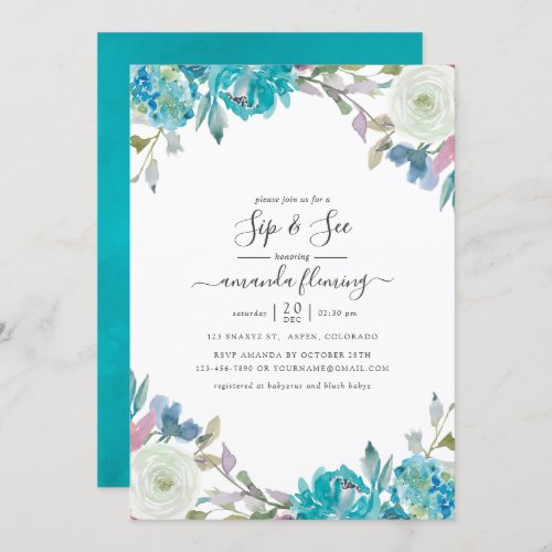 Dusty Blue and Turquoise Floral Sip and See Invitation