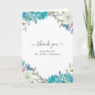 Dusty Blue and Turquoise Floral Wedding Photo Letterpress Thank You Card