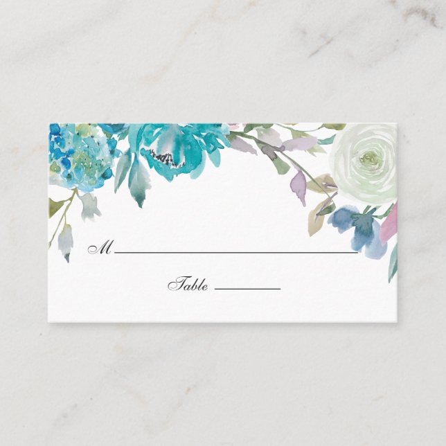 Dusty Blue and Turquoise Floral Wedding Place Card (Front)