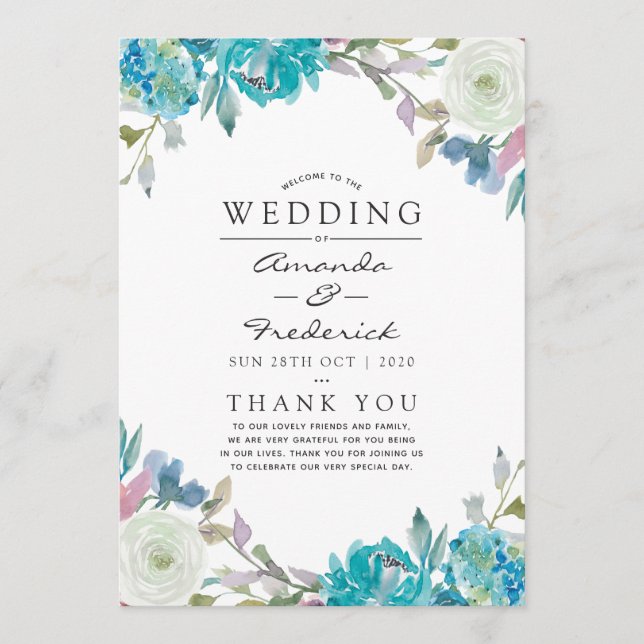 Dusty Blue and Turquoise Floral Wedding Program (Front)