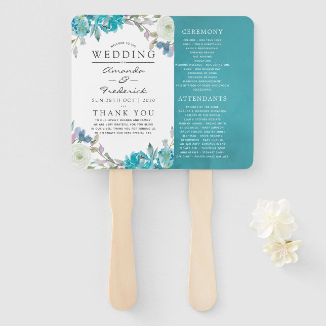 Dusty Blue and Turquoise Floral Wedding Program Hand Fan (Front and Back)