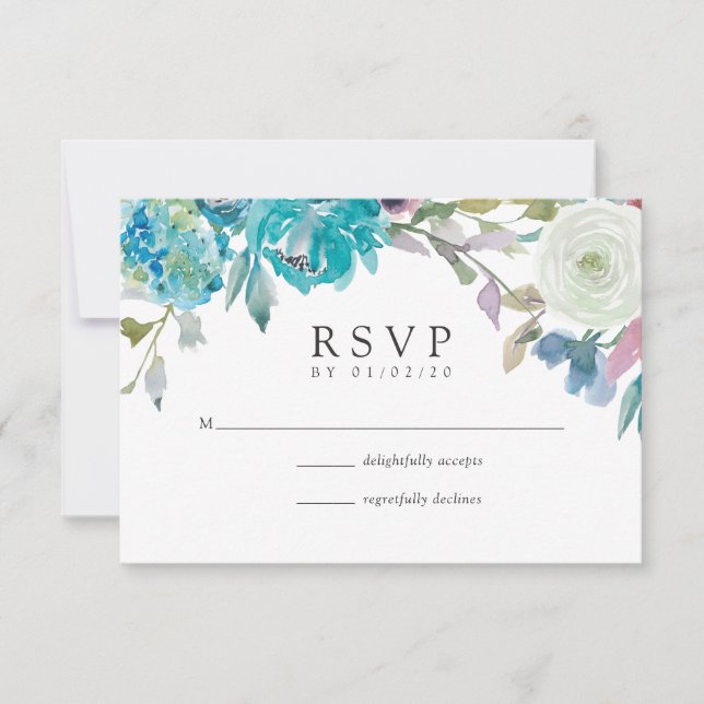 Dusty Blue and Turquoise Floral Wedding RSVP Card (Front)
