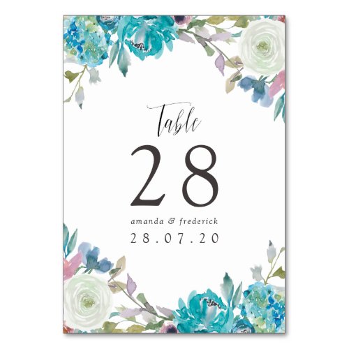 Dusty Blue and Turquoise Floral Wedding Table Number