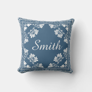 Dusty Blue and White Bandanna Design Throw Pillow