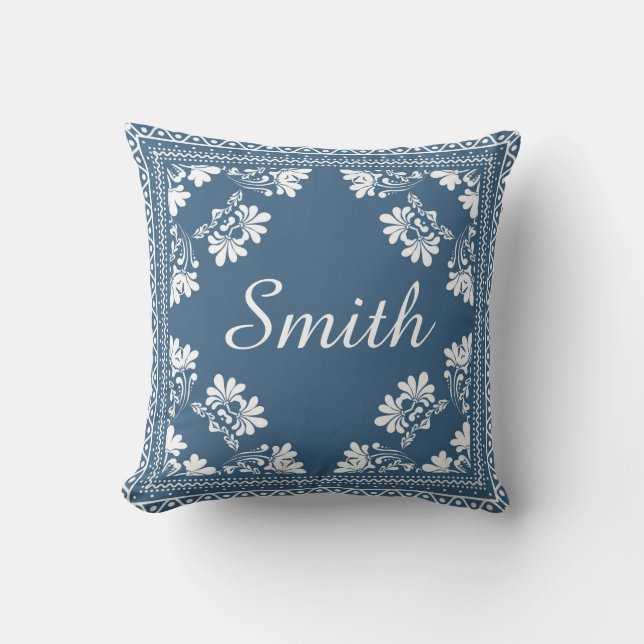 Dusty Blue and White Bandanna Design Throw Pillow (Front)