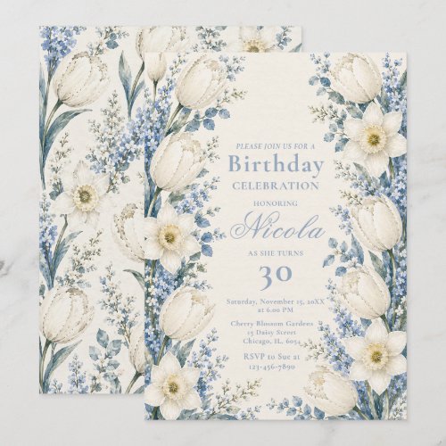 Dusty Blue and White Birthday Invitation