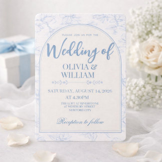 Dusty Blue and White Botanical Minimal Floral Arch Invitation