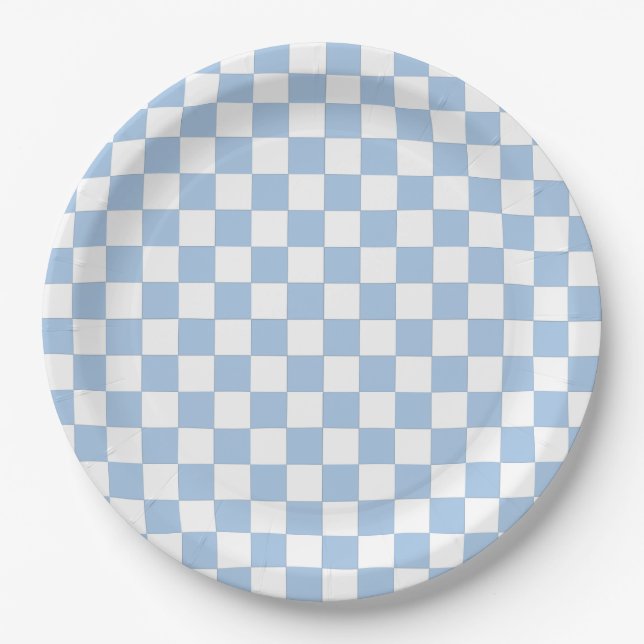Dusty Blue and White Checkered Paper Plates (Front)