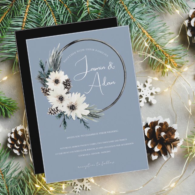 Dusty Blue and White Christmas Floral Wedding Invitation (Creator Uploaded)