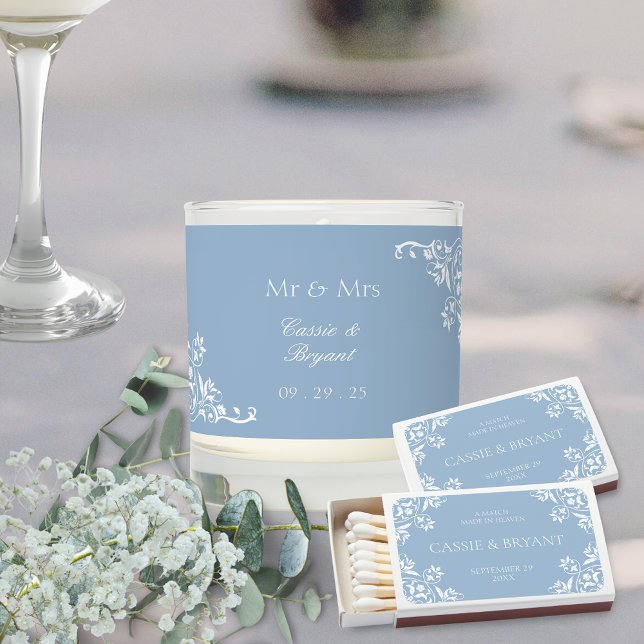 Dusty Blue and White Coastal Chic Wedding Matchbox Matchboxes (Dusty blue wedding matches for welcome basket gift perfect match bride and groom gift candles cigar)