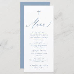 Dusty Blue and White Cross Boy Baptism Menu Card