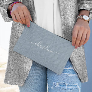 Dusty Blue and White Elegant Name Accessory Pouch