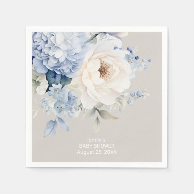 Dusty blue and white floral baby shower card napkins (Front)
