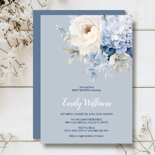 Dusty blue and white floral baby shower invitation