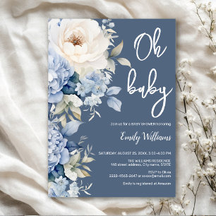 Dusty blue and white floral baby shower invitation