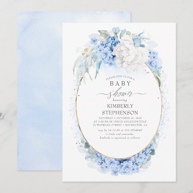 Dusty Blue and White Floral Baby Shower Invitation (Front/Back)