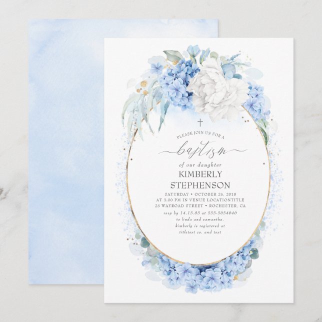 Dusty Blue and White Floral Baptism Invitation (Front/Back)