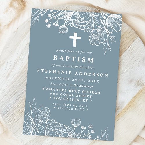 Dusty Blue and White Floral Baptism Invitation