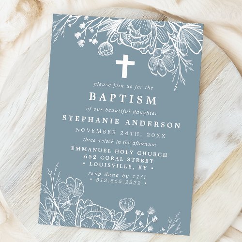 Dusty Blue And White Floral Baptism Invitation