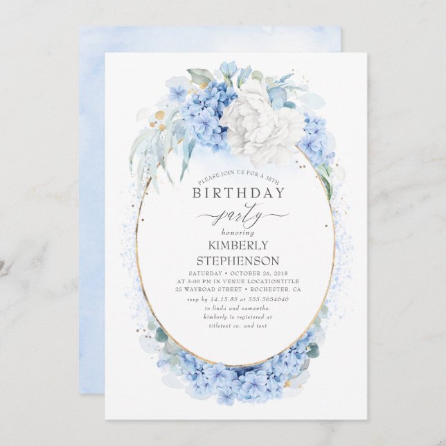 Dusty Blue and White Floral Birthday Party Invitation (Front/Back)