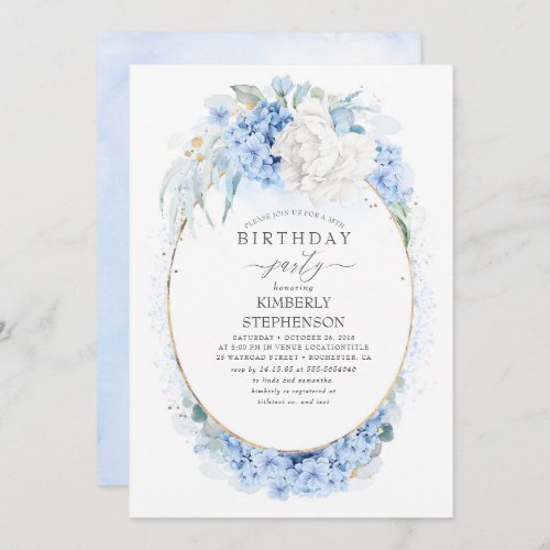 Dusty Blue and White Floral Birthday Party Invitation
