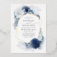 Dusty Blue and White Floral Botanical Wedding Foil Invitation