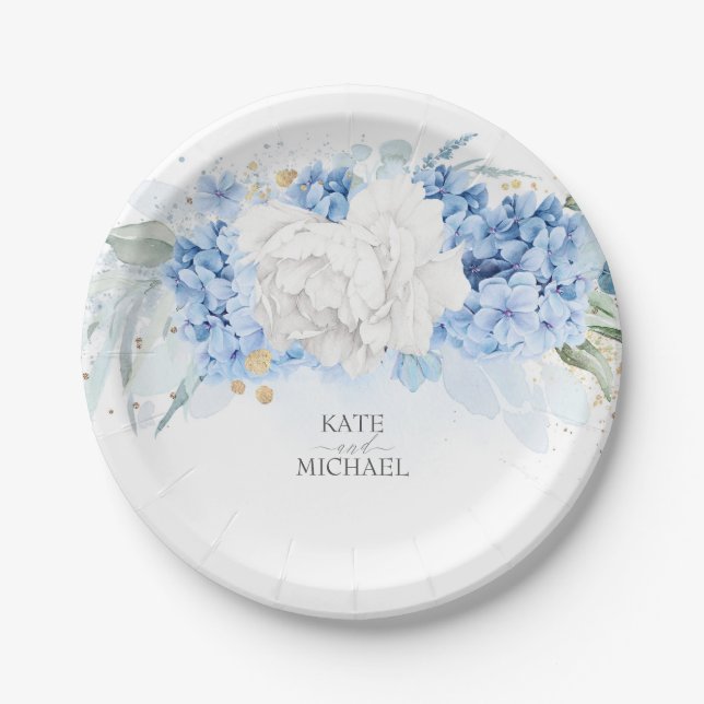 Dusty Blue and White Floral Elegant Paper Plates (Front)