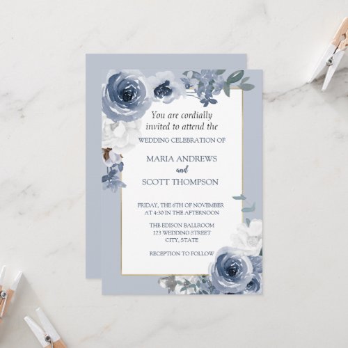 Dusty Blue And White Floral Gold Botanical Wedding Invitation