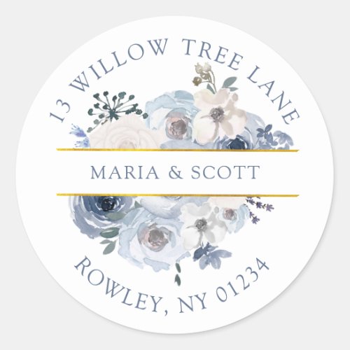 Dusty Blue and White Floral Gold Return Address Classic Round Sticker