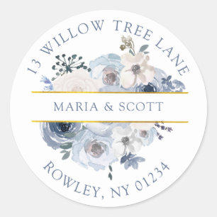 Dusty Blue and White Floral Gold Return Address Classic Round Sticker