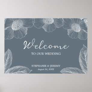 Dusty Blue and White Floral Line Art Poster