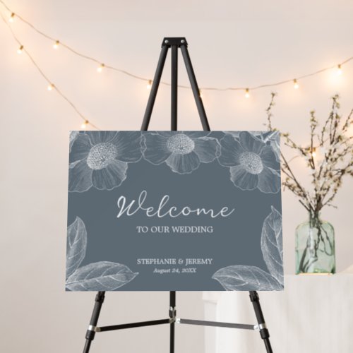 Dusty Blue and White Floral Line Art  Poster Board
