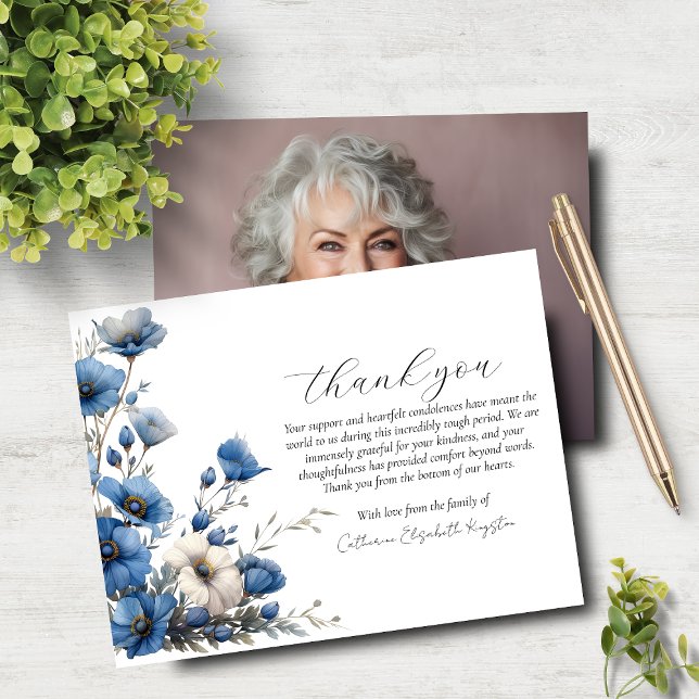 Dusty Blue and White Floral Photo Memorial  Thank You Card (Creator Uploaded)