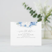 Dusty Blue and White Floral Save the Date Postcard (Standing Front)