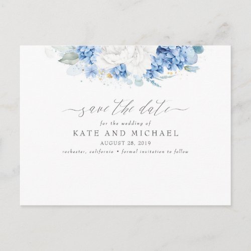Dusty Blue and White Floral Save the Date Postcard